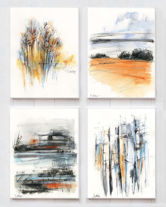 Abstract Nature - Tree Forests and Landscapes Watercolor paintings set of 4