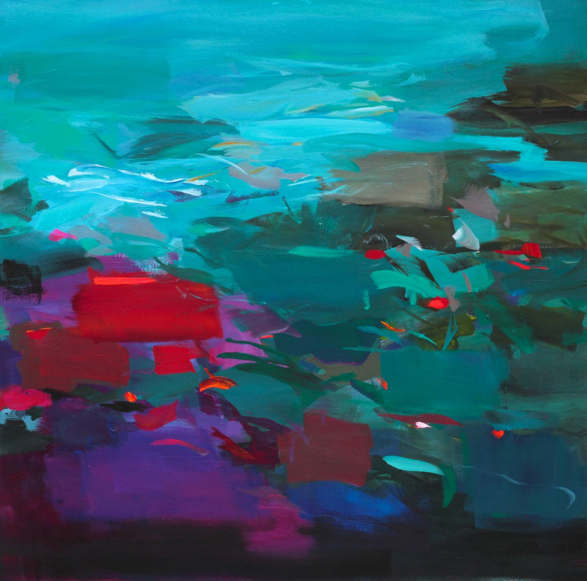 Abstract Landscape Acrylic Painting By Ute Laum, 31 X 31", The Paths Of Water, Original Artwork