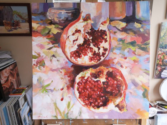 Pomegranate, original, one of a kind, impressionistic style still life painting (20x20x2'')