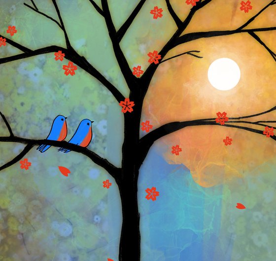 The Bluebirds , cute lovebird tree artwork