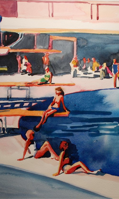 Women posing by diving board by Stephen Abela
