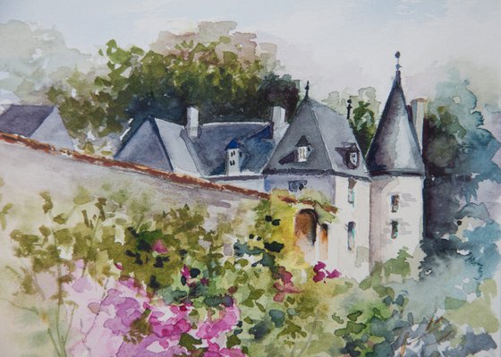Castle in France. Watercolor painting. 7 x 9in.