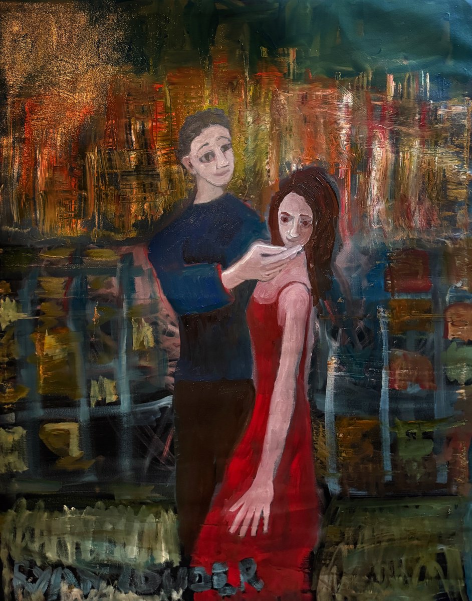 Expressive Portrait Oil Painting By Ryan Louder, 36 X 48", First Kiss On London Bridge, Original Artwork