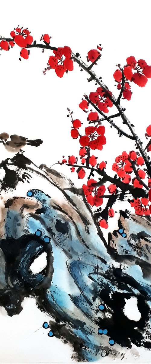 Two sparrows and red blossom by Ilana Shechter