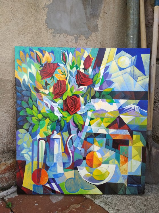 Still life with roses (80x90cm, cubism, oil painting, ready to hang)