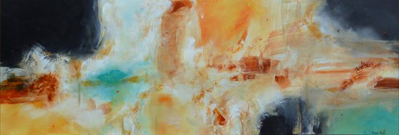 Ocean blue  (24" x 72" - 60 cm x 182 cm) Gold and aqua Abstract Painting ready to hang -