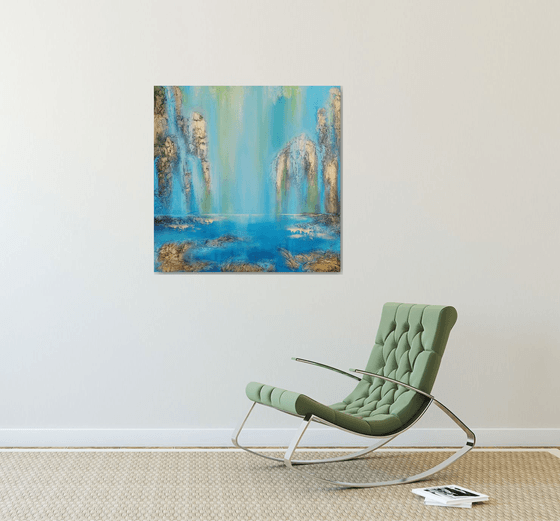 A large modern structured semi-abstract mixed-media painting "Waterfall"