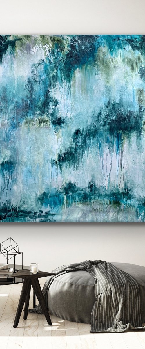 78''X75''(200X190CM), The Sacred Land, blue, olive green, turquoise, green black, texture, land earth colors canvas art  - xxxl art - abstract art painting- extra large art by Veronica Vilsan