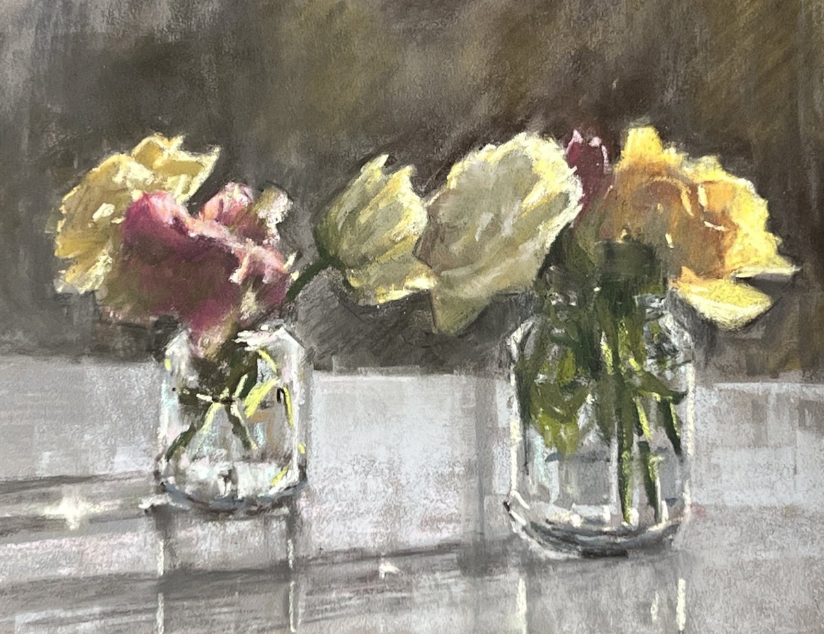 Roses in jam jars by Louise Gillard