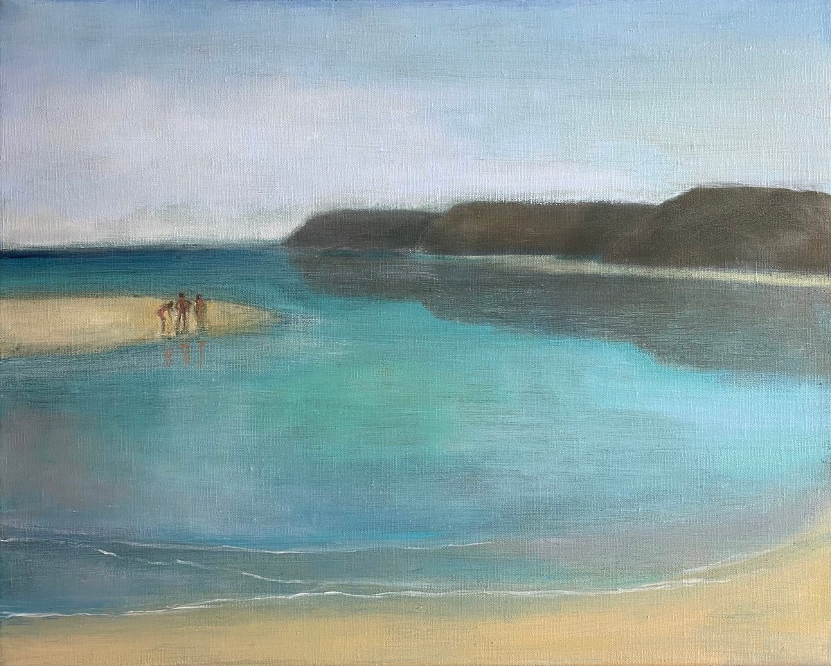 Impressionistic Landscape Oil Painting By Nigel Sharman, 22 X 18", Shell Seekers, Original Artwork