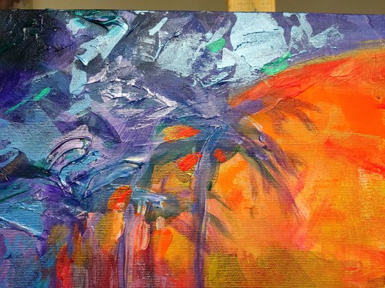 Sunset with Pink Flamingos. Impasto painting