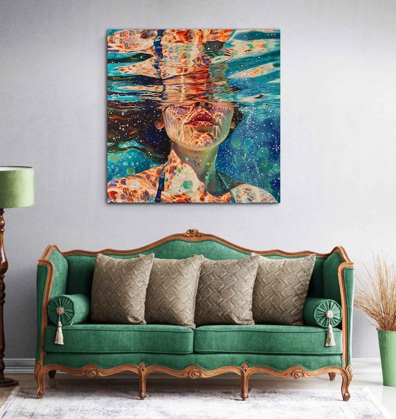 Woman under water in the swimming pool, sea, ocean with blue green turquoise color waves with bright sun glares. Impressionistic artwork with female face portrait. Positive relax holiday colorful wall art home decor. Art Gift