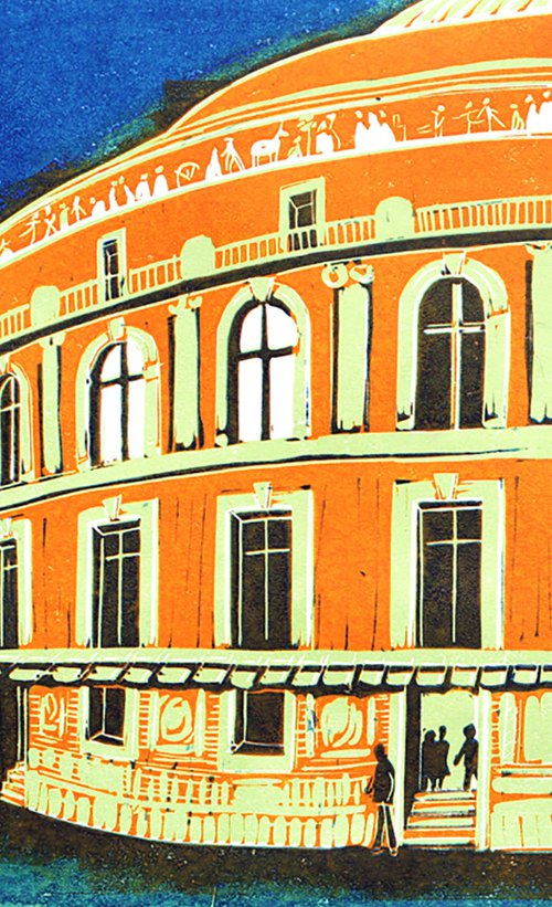 Royal Albert Hall, London, evening. Limited Edition large linocut by Fiona Horan