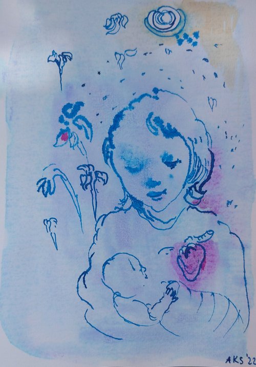 Madonna with baby, 15X21 cm drawing and painting by Aurelija Kairyte-Smolianskiene