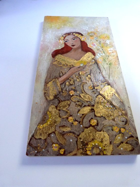 A day of June 15 x 30 cm Romantic redheaded woman on wood.