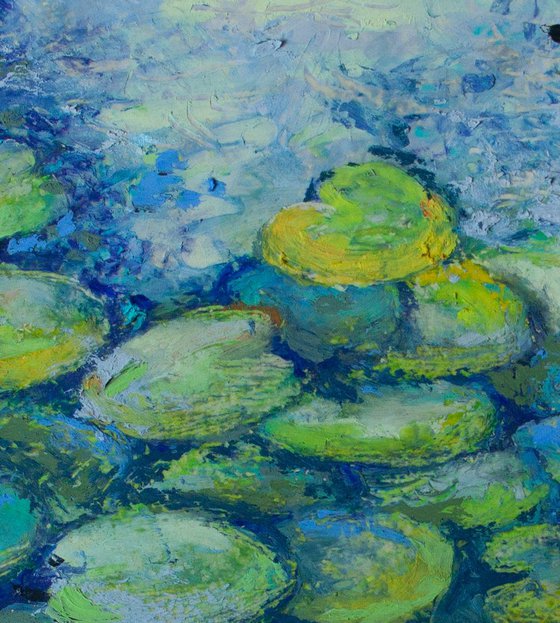 Oil pastel drawing on lily pads on the pond