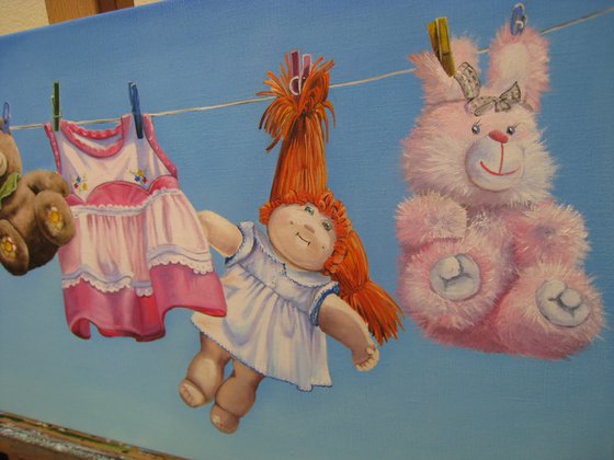 Adorable Nursery Wall Art: Serene Sky with Teddy Bears and Pink Bunny