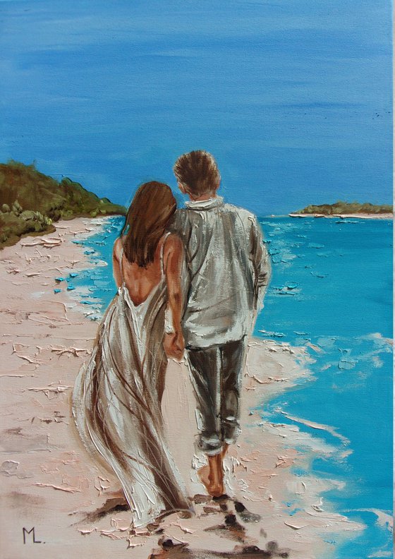 " FROM HOLIDAYS ... "- 70x50 COUPLE SEA liGHt  ORIGINAL OIL PAINTING, GIFT, PALETTE KNIFE