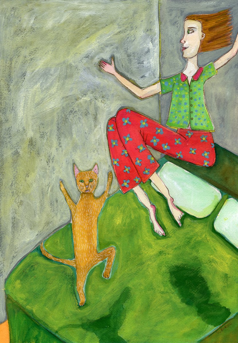 Naive Watercolour , Crazy Cat Lady - Joy - Funny Cat Humour By Sharyn Bursic, 12 X 17, Artwork For Sale On Artfinder
