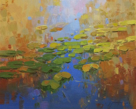 Waterlilies Autumn, Original oil Painting, Impressionism, Handmade artwork by palette knife, One of a Kind, Signed with Certificate of Authenticity