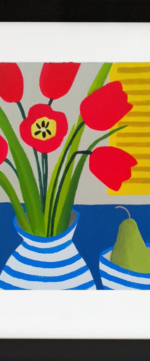 Still Life with Red Tulips and a Pear by Jan Rippingham