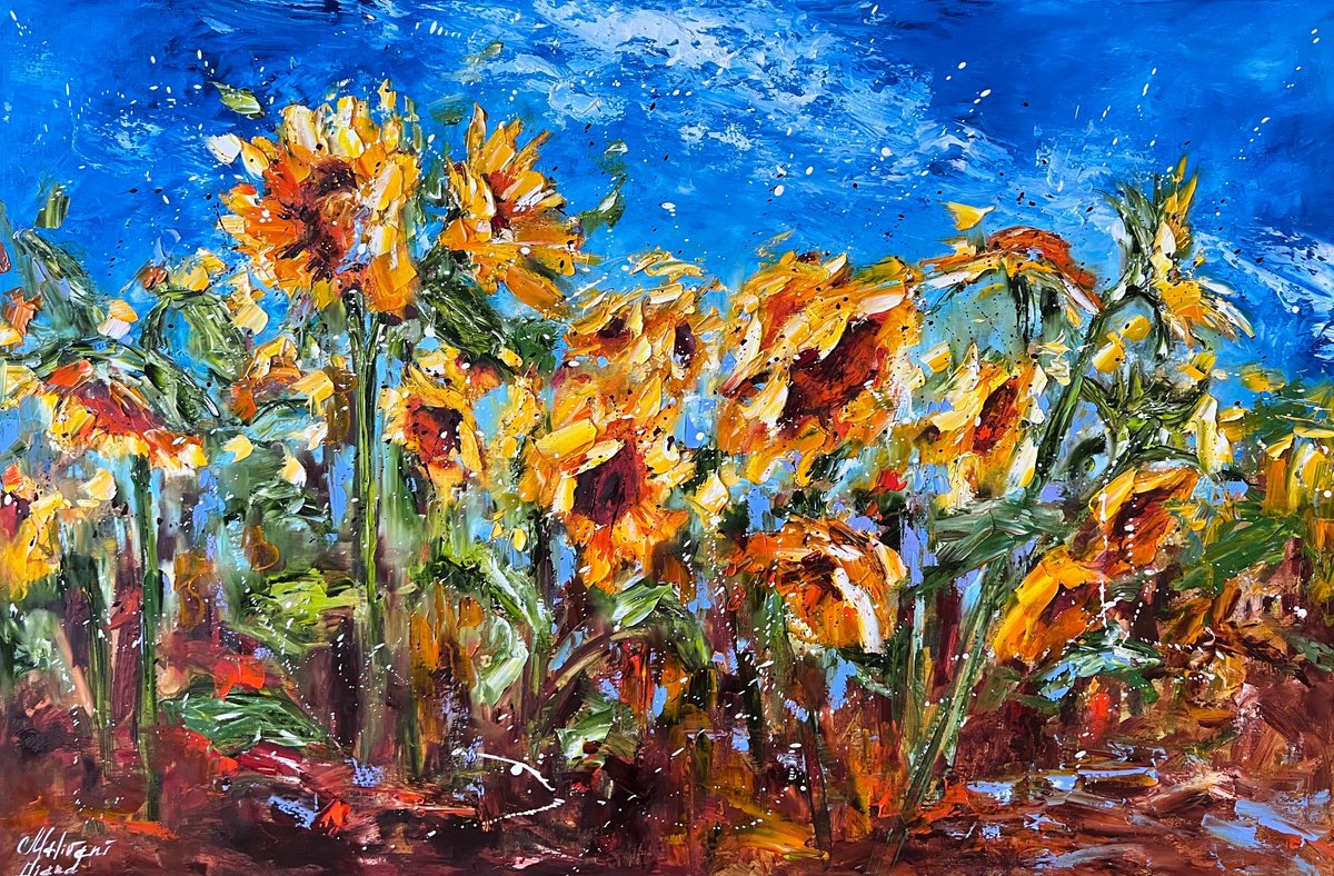 Impressionistic Botanical Oil Painting By Diana Malivani, 47 X 31, Sunflowers, Original Artwork
