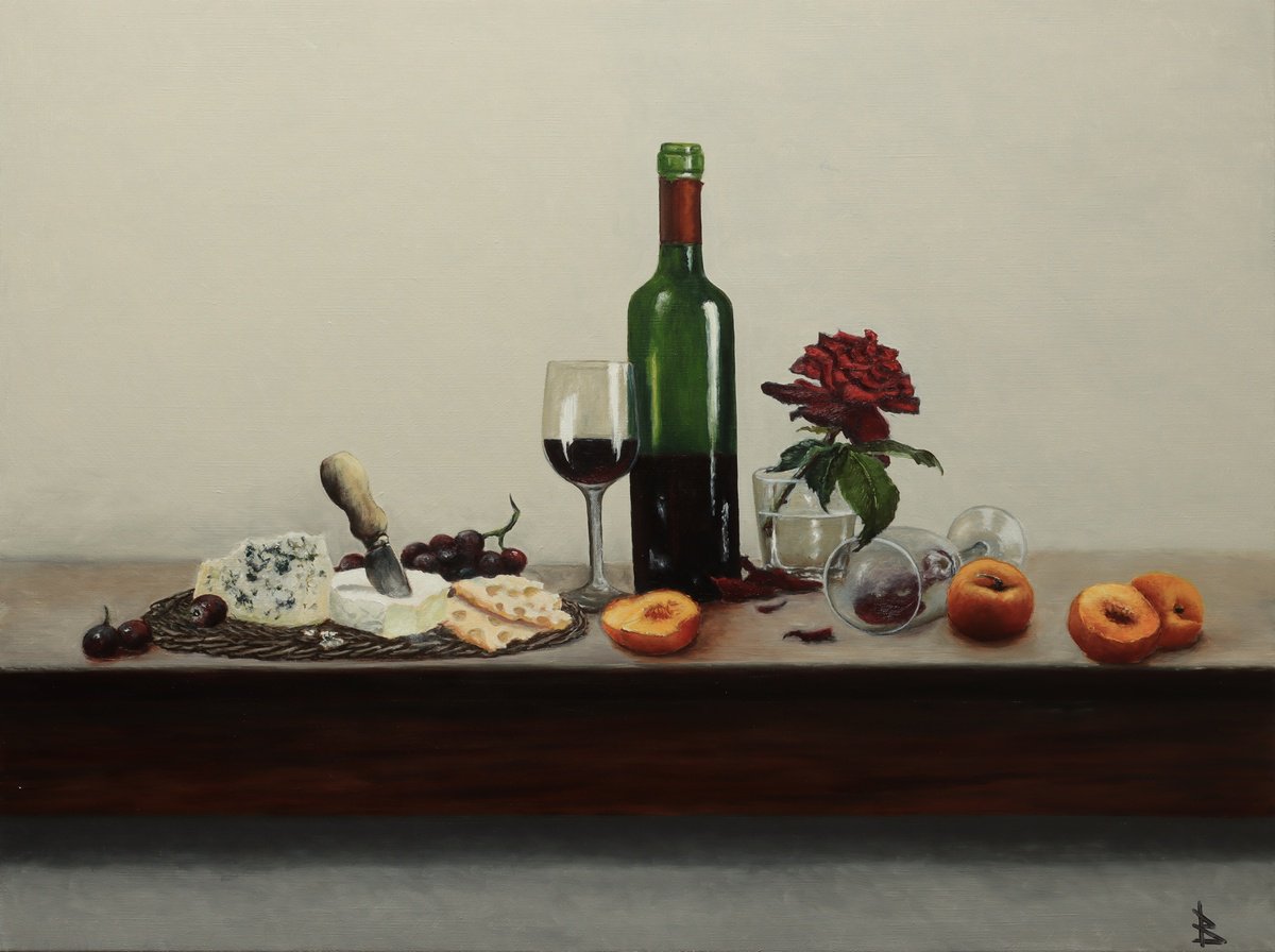 Photorealistic Still Life Oil Painting By Oleg Baulin, 31 X 24", Wine And Rose, Original Artwork