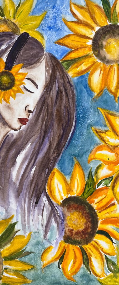 Woman Sunflowers watercolor by Halyna Kirichenko