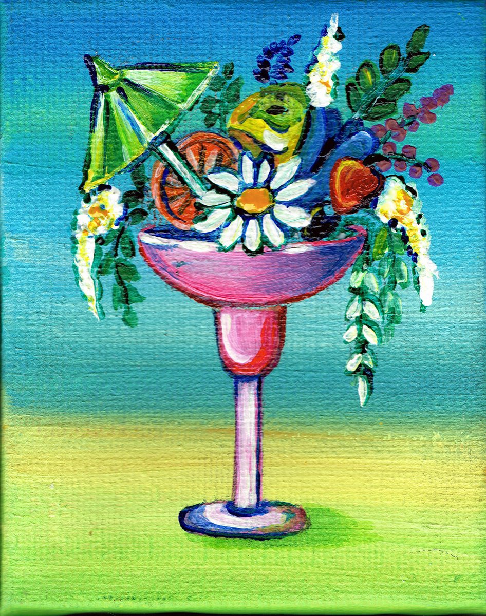 flowers in cocktail glass, original acrylic miniature painting, still life N2 by Diana Aleksanian