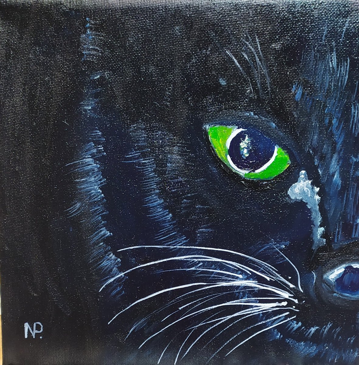 Black cat, original animal face, small gift idea, art for home, bedroom painting by Nataliia Plakhotnyk
