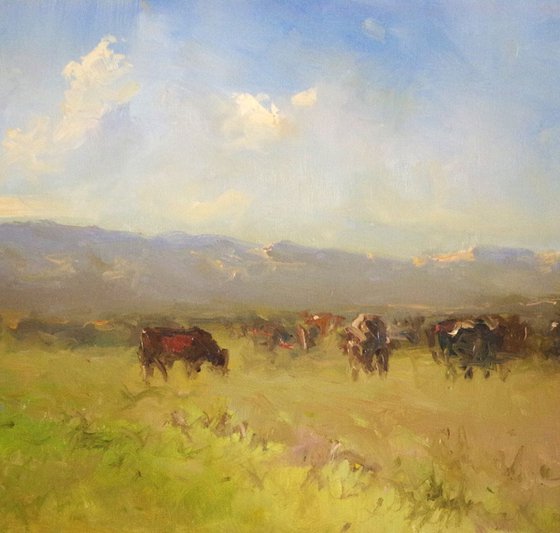 Cows in the Field, Original oil Painting,Handmade art, Impressionism, One of a Kind