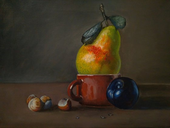 Still life with pear in a cup