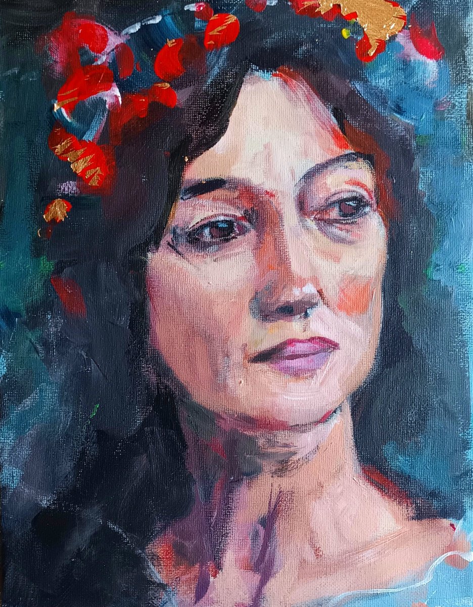 Expressive Portrait Acrylic Painting By Marina Del Pozo, 9 X 12", Pequena Dama 4, Original Artwork