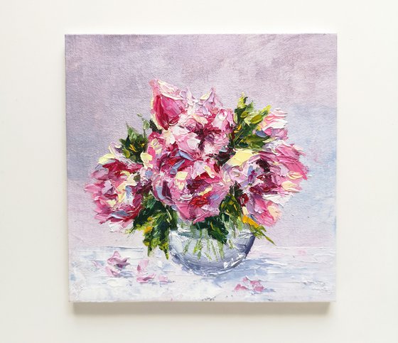 Peony bouquet in vase, impressionist flowers still life