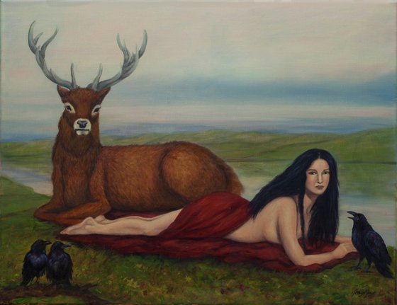 Landscape with Stag, Ravens and reclining woman, Raven Mistress