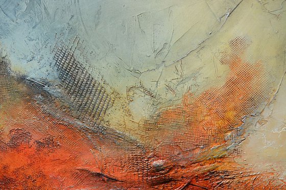 Terra rossa, 40" x 40" x 1.5"  (101 cm x 101 cm x 3.8 cm) - large orange and blue grey abstract landscape
