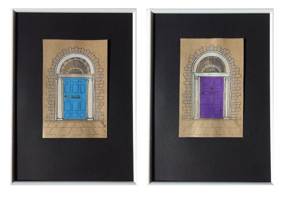 Violet and azure doors - Set of 2 architecture mixed media drawings in frames