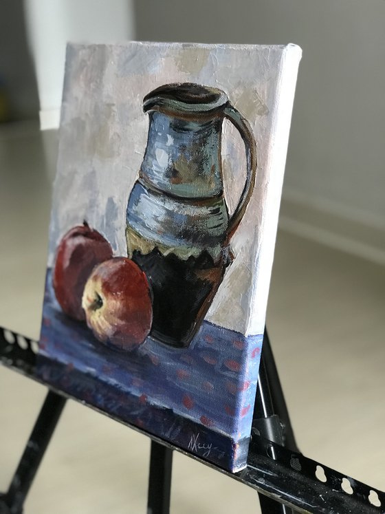 Still life apples and jug on table 22x27 cm