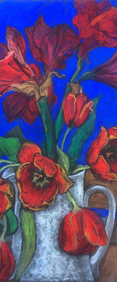 Red flowers in victorian jug by Patricia Clements