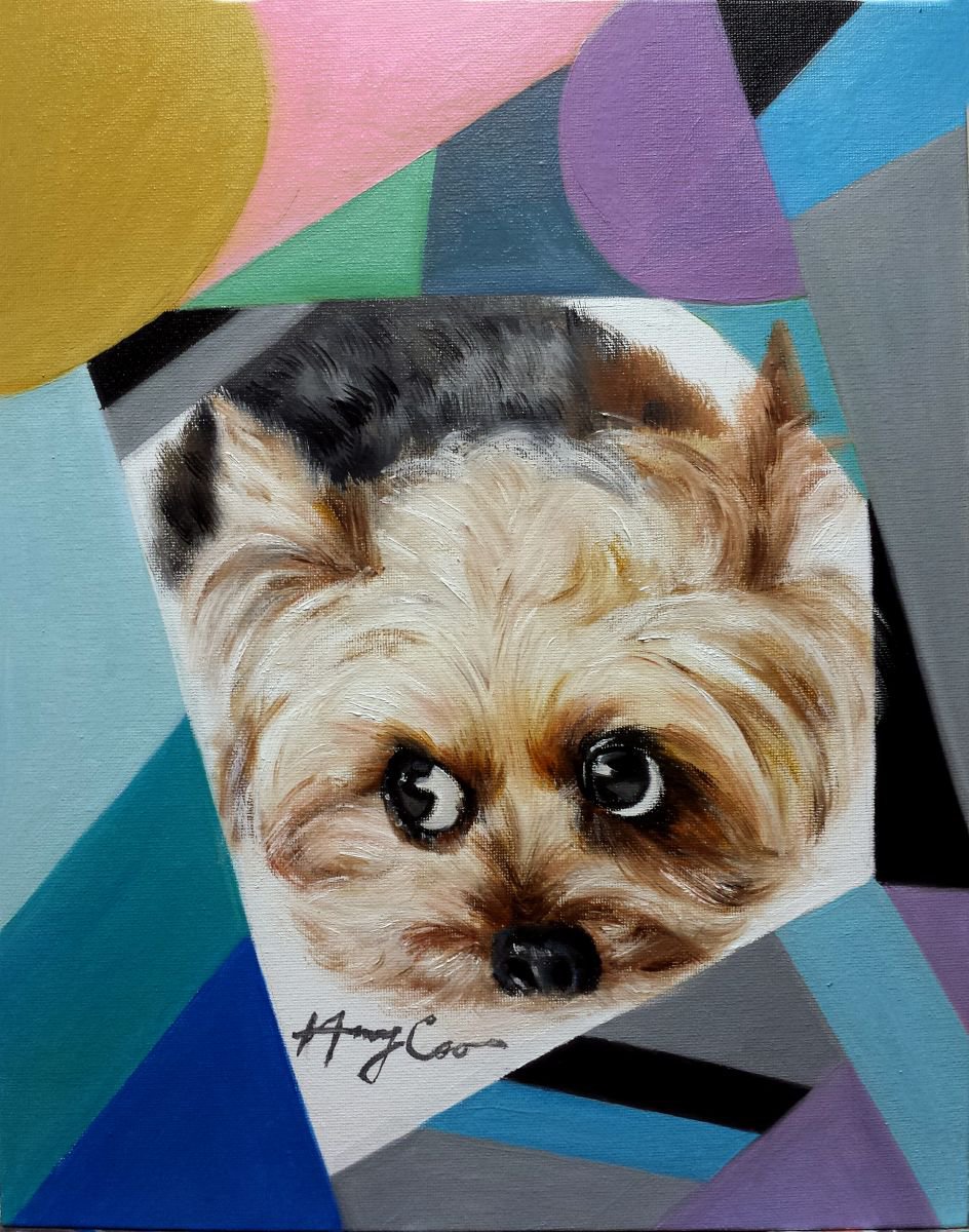 Expressive Animal Oil Painting By Henry Cao, 11 X 14, Lovely Dog Watching You, Original Artwork