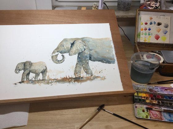 Elephant mother and baby - commission