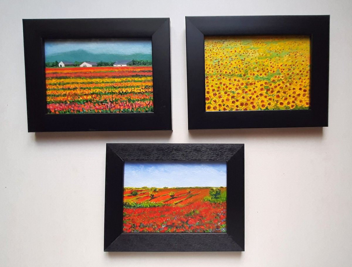 Impressionistic Landscape Acrylic Painting By Asha Shenoy, 9 X 7, Set Of Three Floral Meadows, Original Artwork