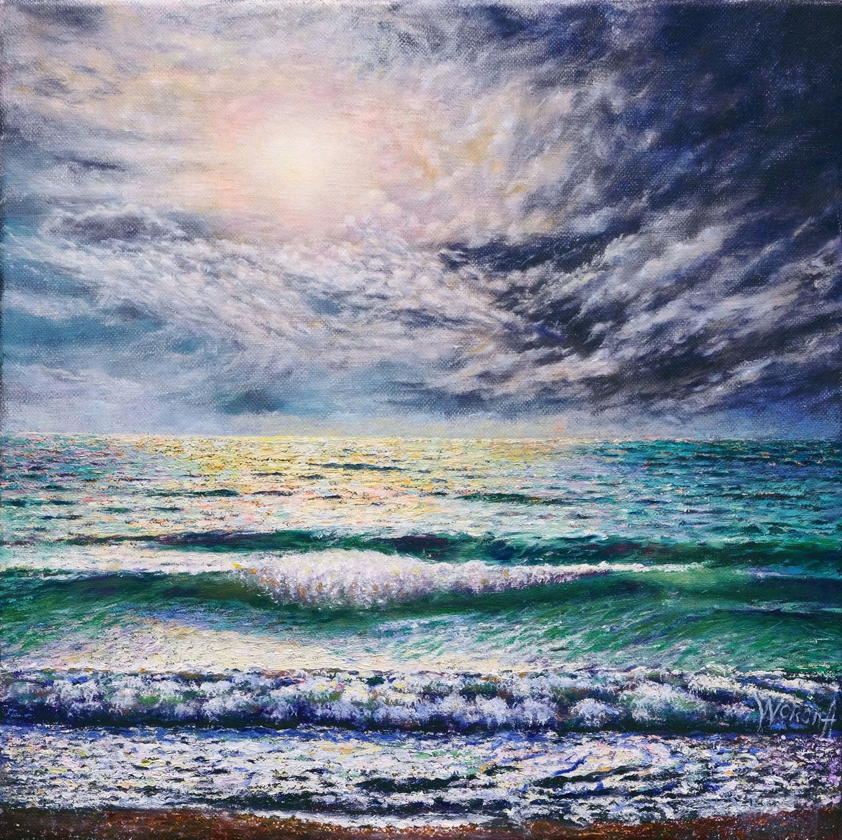 Impressionistic Landscape Oil Painting By Anastasia Woron, 12 X 12, Moonlight At Sea., Original Artwork