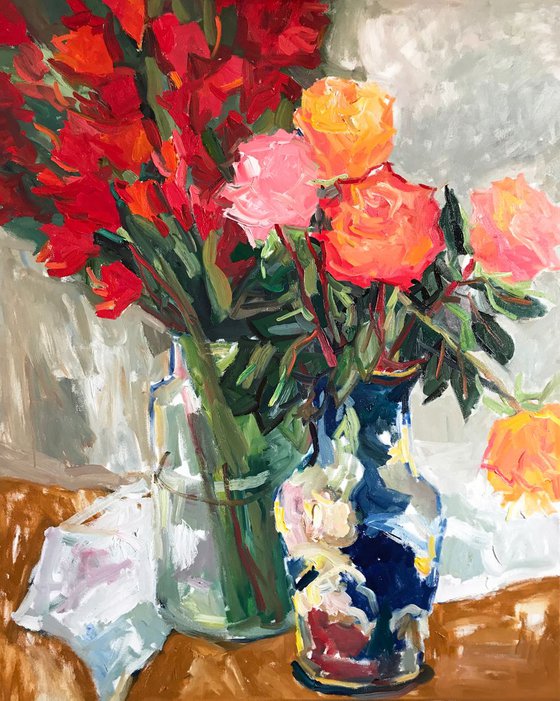 Still life with roses and gladioli.