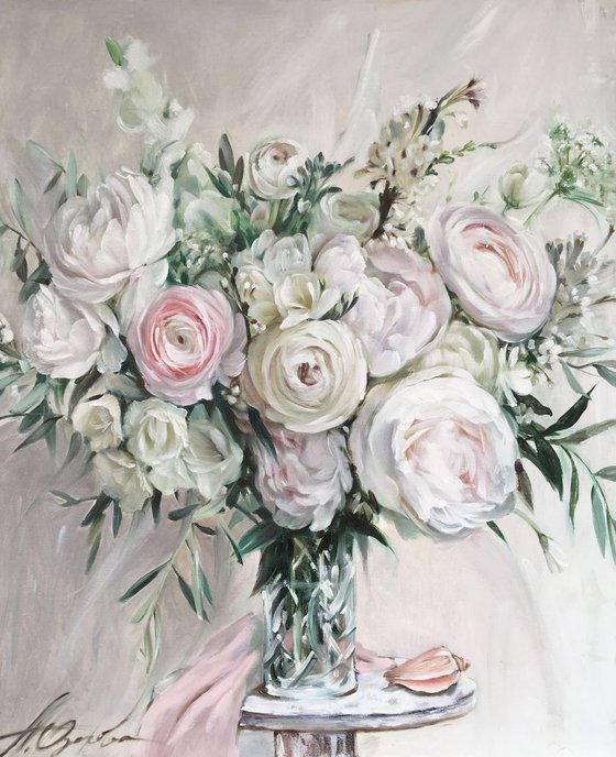 White peonies. Original oil painting