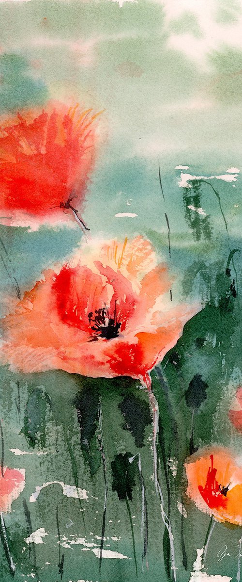 Watercolor poppy field by Olga Koelsch