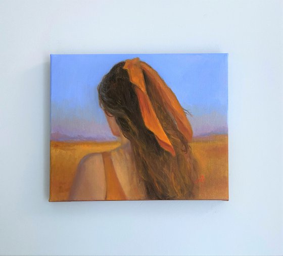 Original head portrait of a young woman, oil painting.