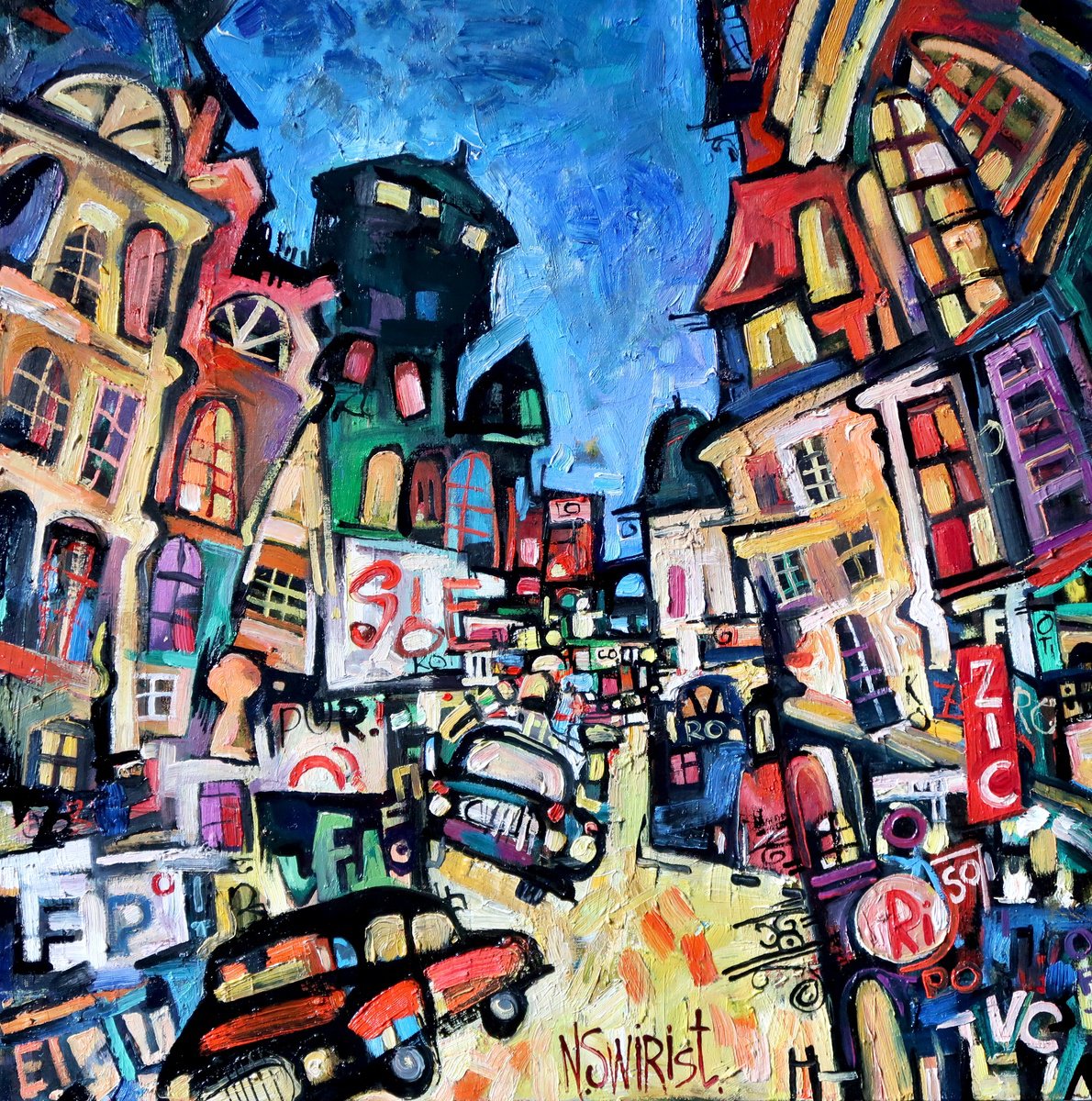 Impressionistic Cityscapes Oil Painting By Nikifor Swiristuhin, 20 X 20", Paris. Evening Cars., Original Artwork