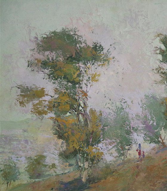 Landscape oil painting, Trees on a Hill, Impressionism, One of a kind, Signed, Handmade art.