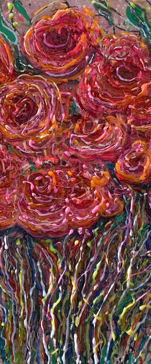 Abstract Roses Bouquet Pink Flowers Painting Thick Textured Palette Knife Combined with Jackson Pollock Contemporary Technique by Lena Owens at OLena Art